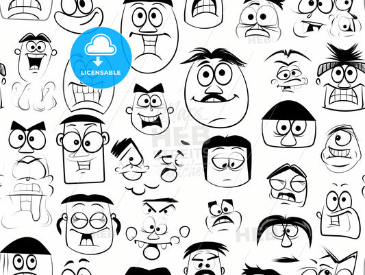 Funny Retro Cartoon Character Faces, A Pattern Of Cartoon Faces