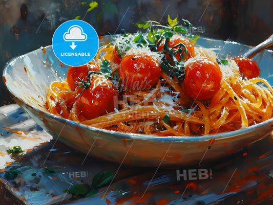 A Bowl Of Tomato Pasta With Good Color, A Bowl Of Spaghetti With Tomatoes And Cheese