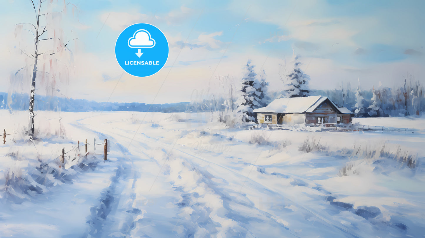 A View Of The House And Snow Covering, A House In A Snowy Field