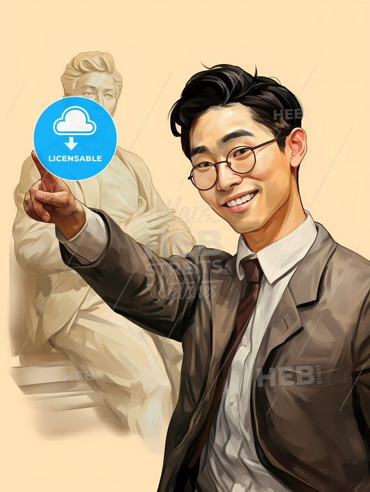 Handsome And Happy And Suprised Asian Man, A Man Pointing At A Statue