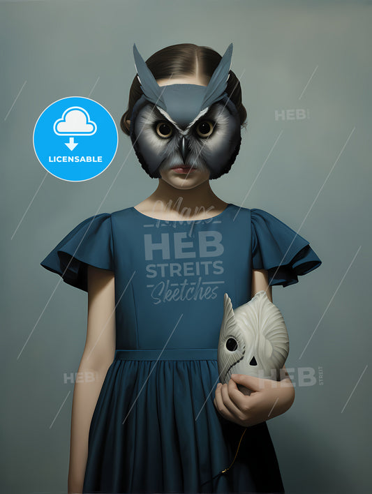 A Young Child Dressed In A Blue Dress, A Girl Wearing A Blue Dress And An Owl Mask