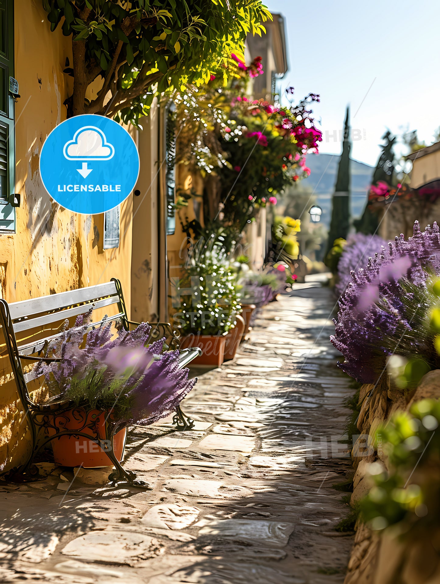 Small Patio With A Deck Chair, A Bench With Flowers In Pots On A Stone Path