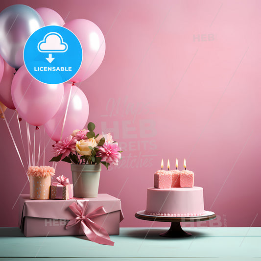 Happy Birthday Background, A Pink Cake With Balloons And Flowers