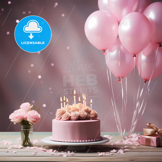 Happy Birthday Background, A Cake With Candles And Pink Balloons