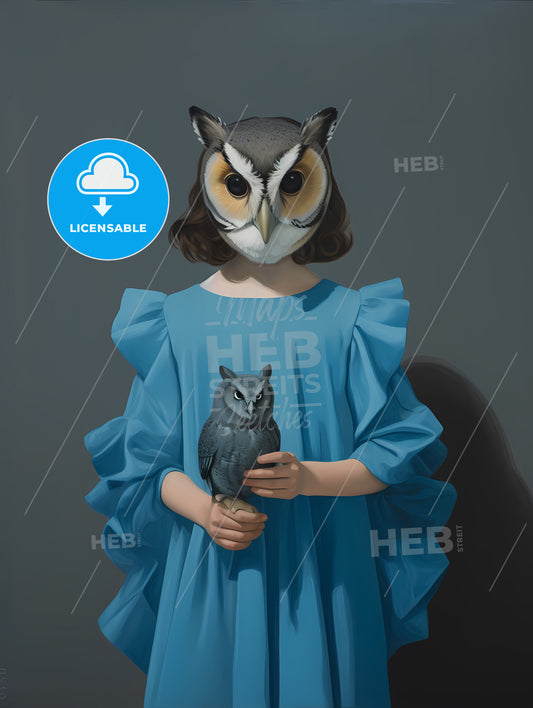 A Young Child Dressed In A Blue Dress, A Girl Wearing A Blue Dress And A Owl Mask