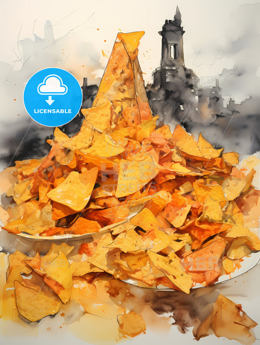 Nachos, A Plate Of Chips With A Tower In The Background