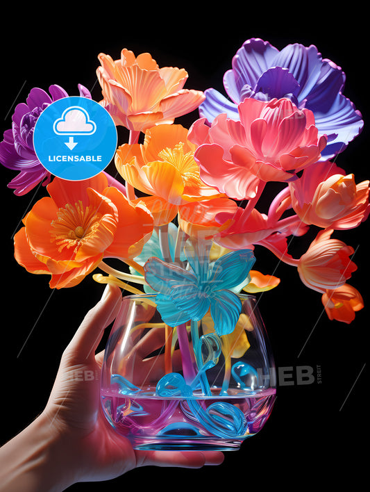 A Person Holding A Vase Of Flowers, A Hand Holding A Vase Of Colorful Flowers