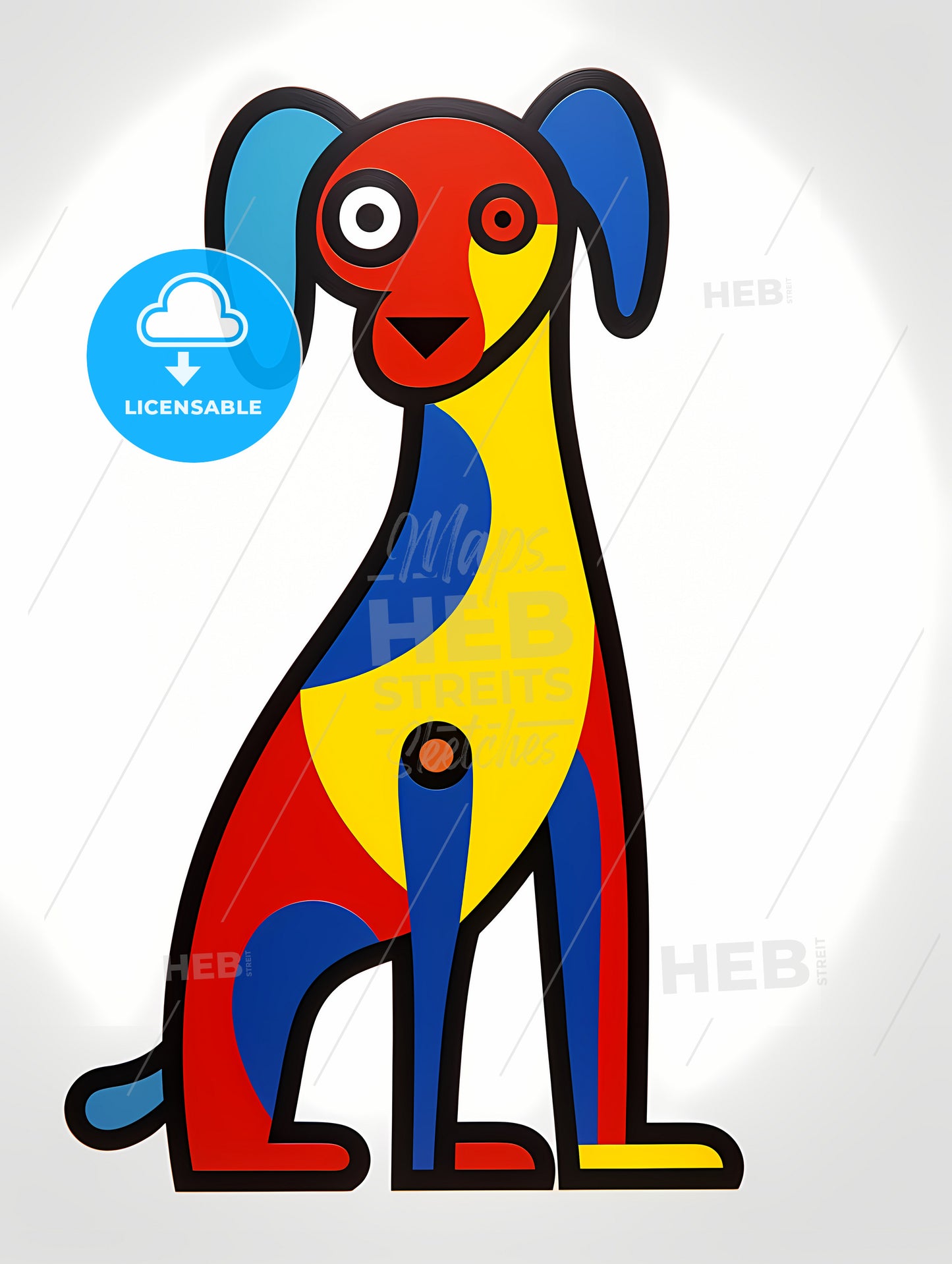 Minimalist Dog Art, A Colorful Dog With Blue And Red Ears