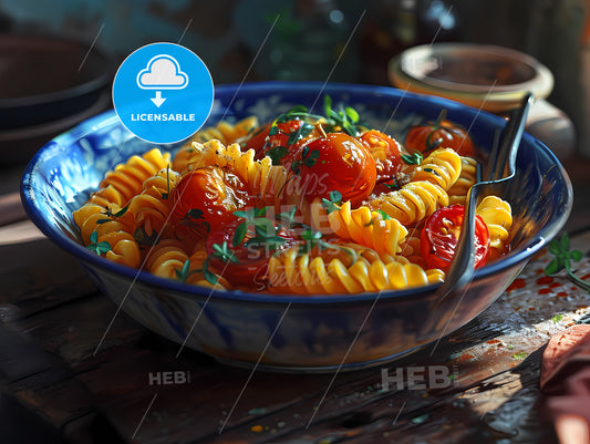A Bowl Of Tomato Pasta With Good Color, A Bowl Of Pasta With Tomatoes And Herbs