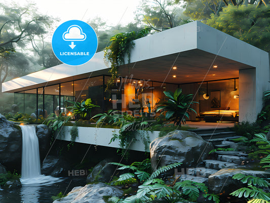 Design Of A Modern Real Estate, A House With A Waterfall And Trees