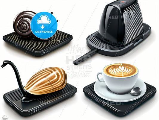 Bionic Design Of Coffee Machine, A Collection Of Objects With A Snail And A Cup Of Coffee