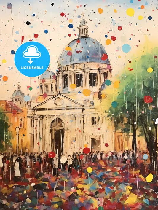 Colorful Confetti, A Painting Of A Building With A Dome And Trees And People