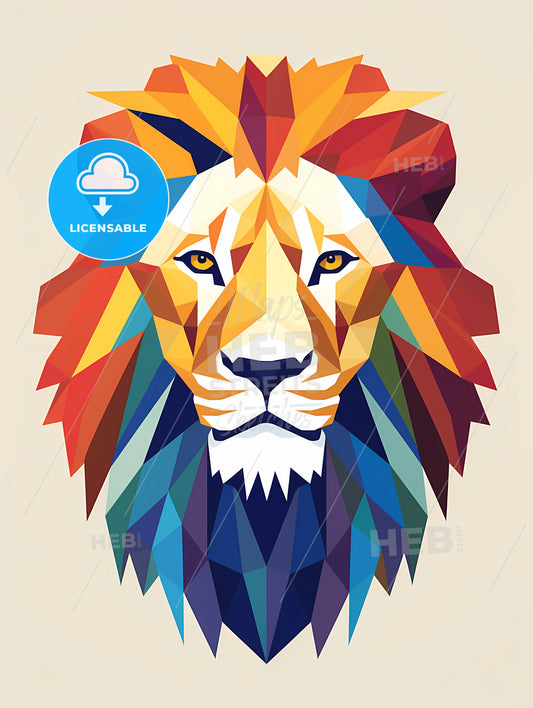Minimalist Lion Line Art, A Colorful Lion Head With White And Blue And Yellow Mane