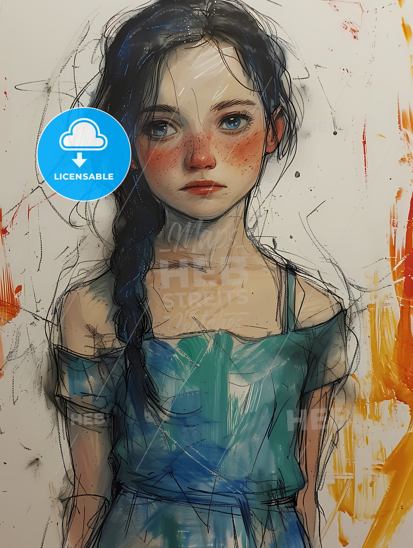 Scratchy Art. Child, A Girl With Freckles And Blue Eyes