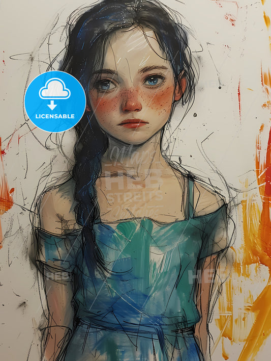 Scratchy Art. Child, A Girl With Freckles And Blue Eyes