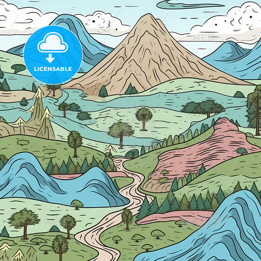 Hand Drawn Landscape, A Landscape With Mountains And Trees