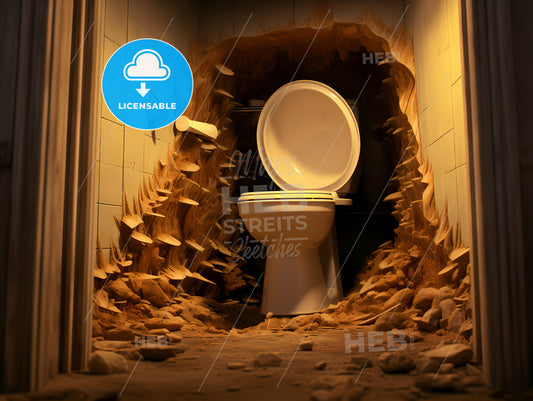 A Realistic Photo Of A Toilet, A Toilet In A Hole In The Wall