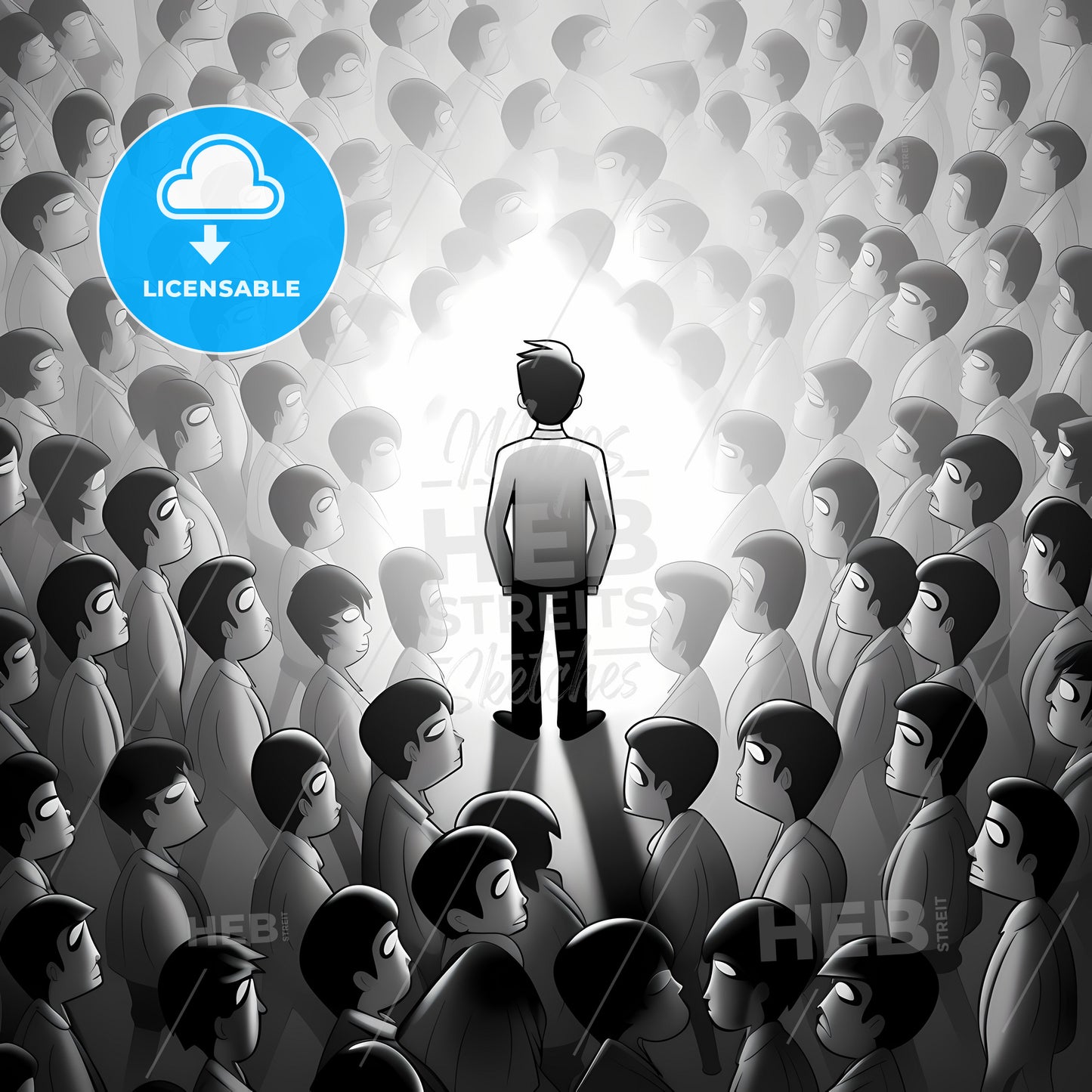 A Spotlighted Area, A Man Standing In A Crowd Of People