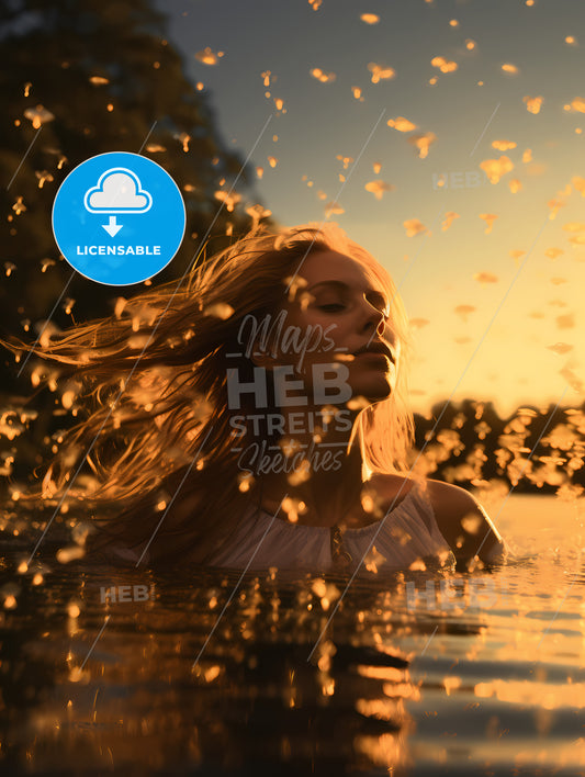 The First Ray Of Sunshine, A Woman In Water With Flying Petals
