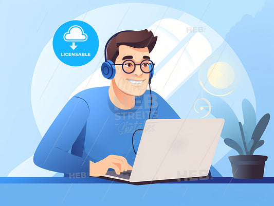 Young Man Working From Home, A Man Wearing Headphones And Using A Laptop