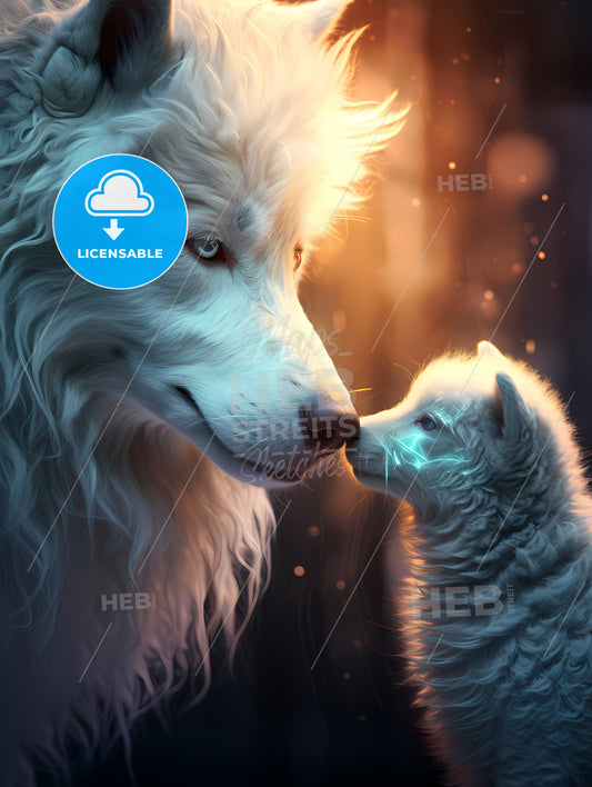 A Wolf Is Petting A Lamb Gently, A Wolf And A Baby Wolf