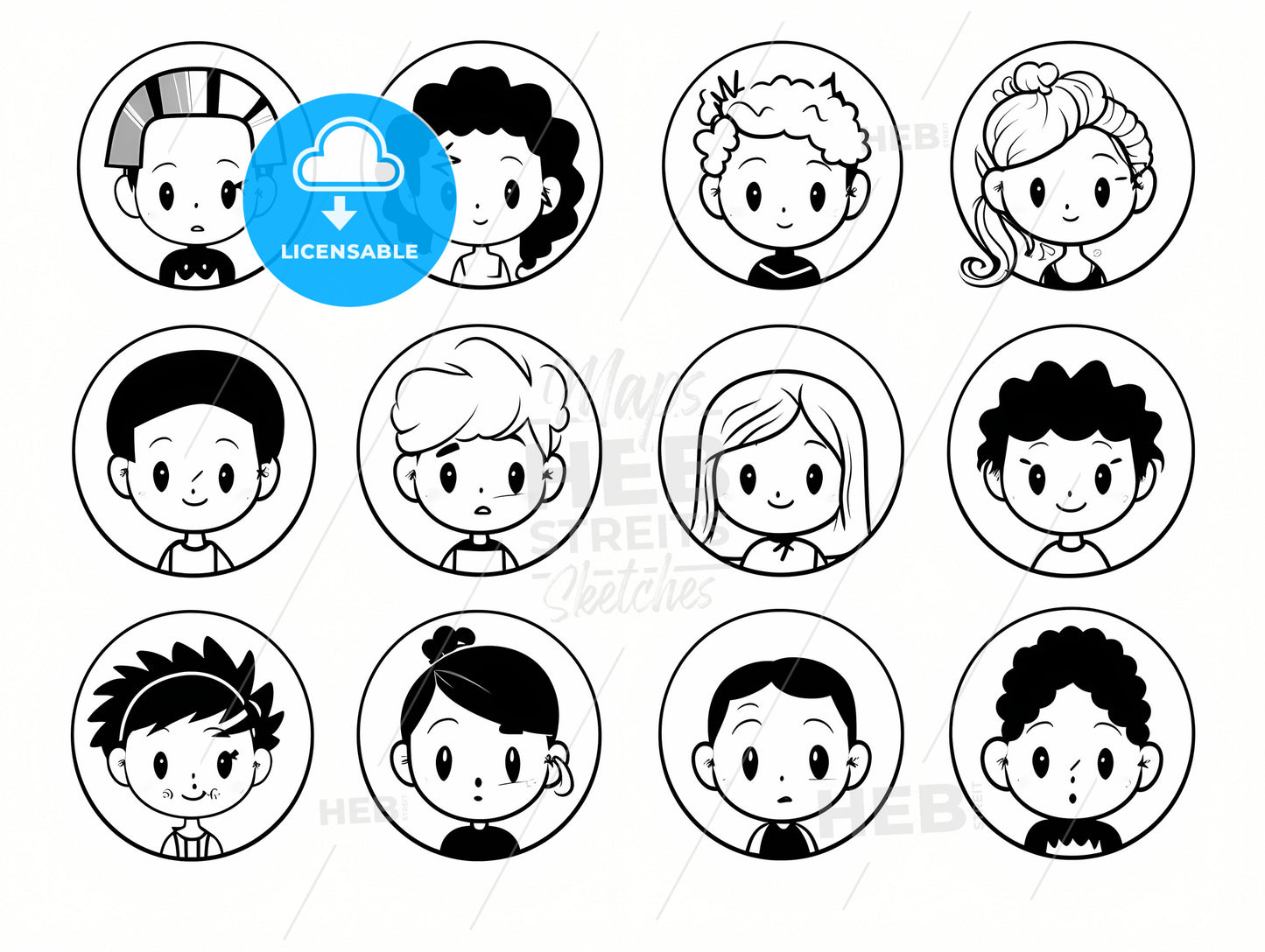 Black And White Cartoon Character Faces, A Group Of Cartoon Faces