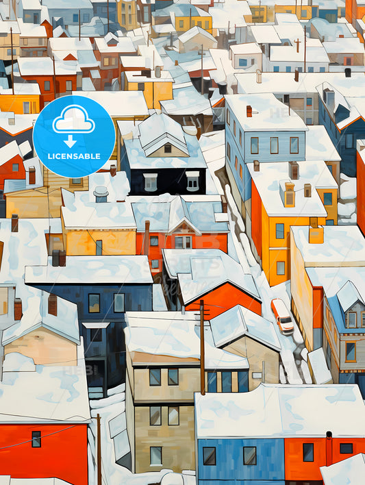 Snowy Urban Roofs Seen From Above, A Group Of Houses Covered In Snow