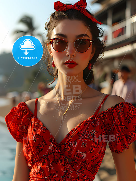 A Beautiful Woman Posing Next To A Swimming Pool, A Woman In A Red Dress