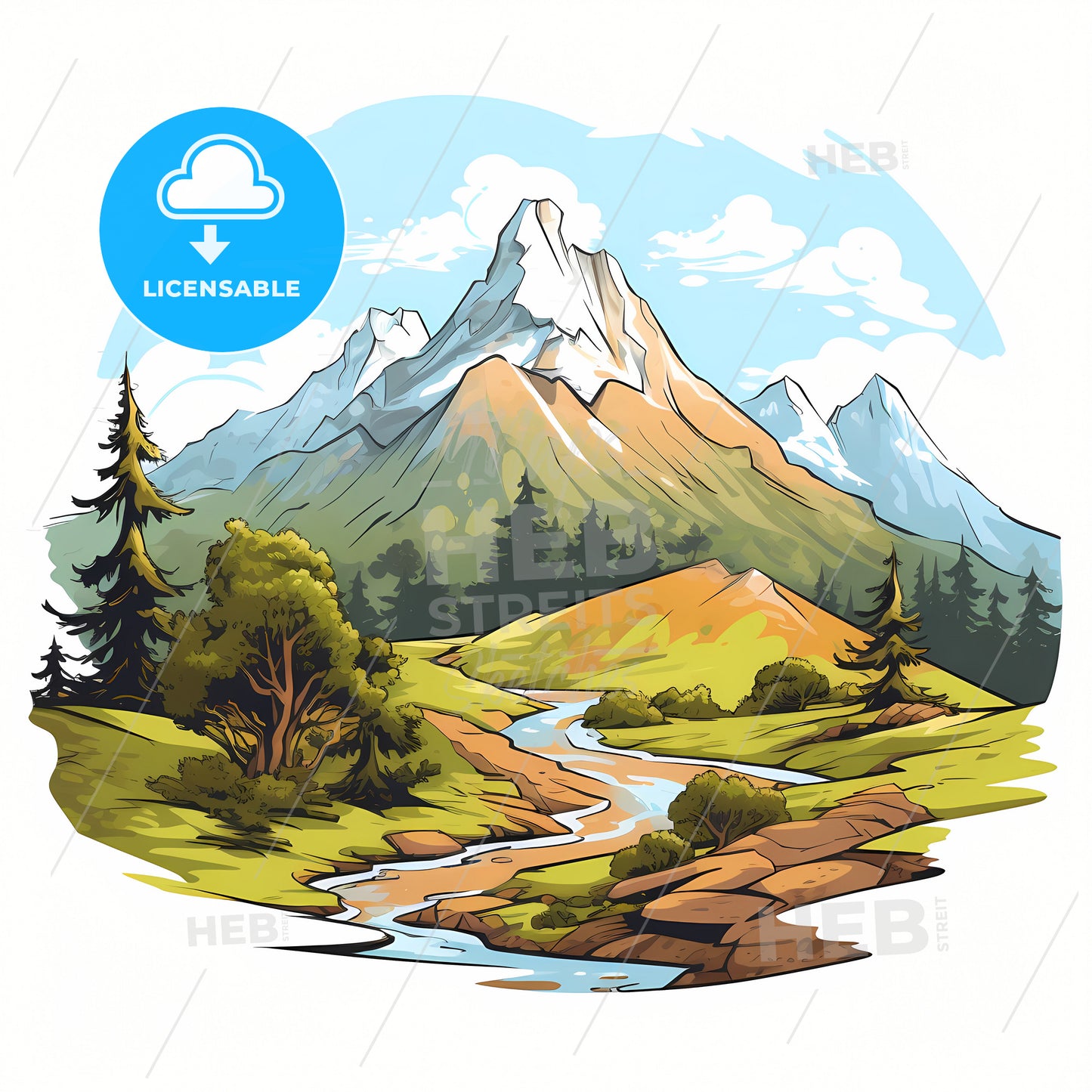 A Mountain View Illustration, A River Running Through A Valley With Trees And Mountains