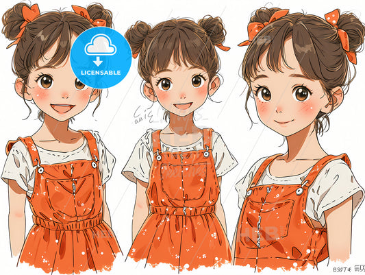 Multi Poses Of A Little Girl, A Group Of Girls With Brown Hair In Orange Overalls
