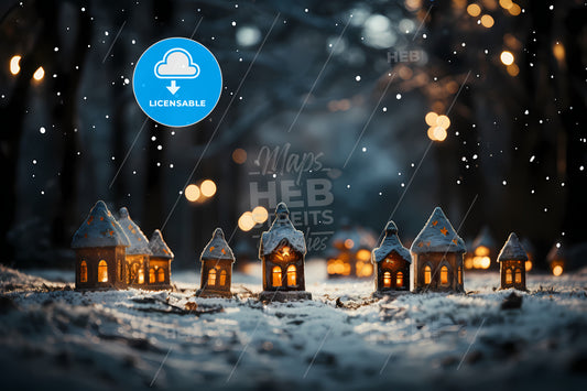 Christmas Winter Background, A Group Of Small Lit Houses With Snow On Them