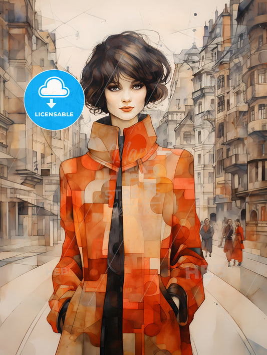 Art Deco Noveaux, A Woman In A Red Coat