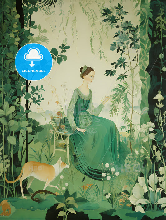 The Large Tapestry And Its Green Colors, A Painting Of A Woman Sitting In A Chair In A Forest