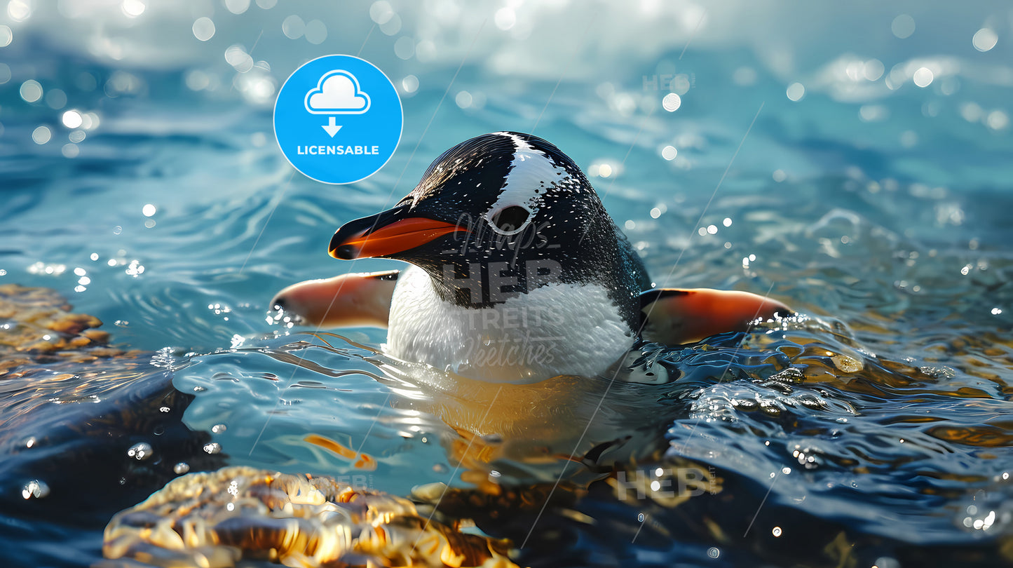 A Cute Little Penguin In The Blue Sea, A Penguin Swimming In Water
