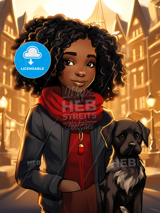 Cute Little Black Girl With Dog, A Cartoon Of A Woman Holding A Dog