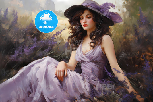 Lavender Oil In Oils In The Style Of Feminine Sensibilities, A Woman In A Dress And Hat Sitting In A Field Of Lavender