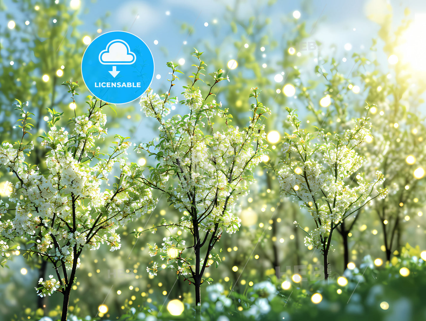 Beautiful Blurred Background Of Spring Nature, A Group Of White Flowers On Trees