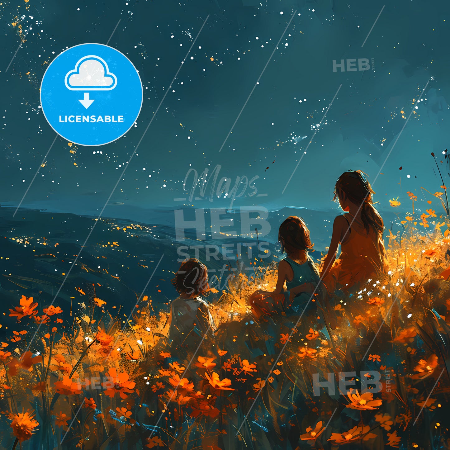 A Group Of 5 Friends Laying In A Field Stargazing, A Woman And Two Children Sitting In A Field Of Flowers