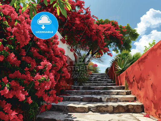 A Graphic Illustration Of Santorini Greece, A Stone Stairs Leading Up To A Red Wall With Red Flowers