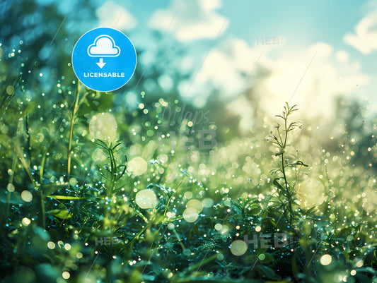 Beautiful Blurred Background Of Spring Nature, A Close Up Of Grass And Water Drops