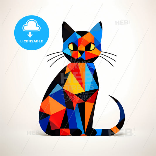 Create An Abstract Minimalist Cat, A Colorful Cat With A White Background