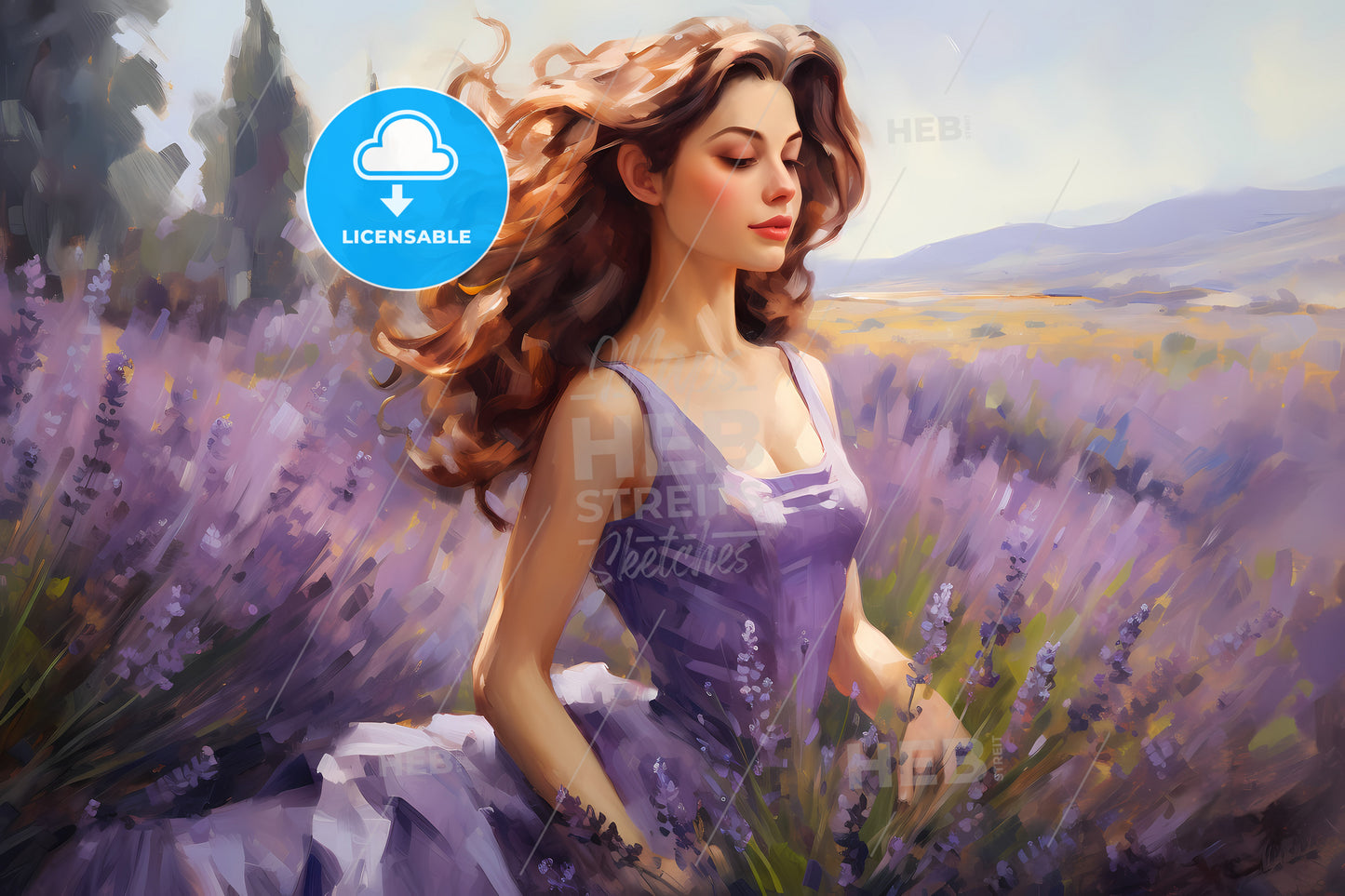 Lavender Oil In Oils In The Style Of Feminine Sensibilities, A Woman In A Lavender Field