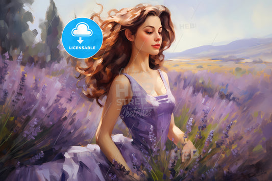 Lavender Oil In Oils In The Style Of Feminine Sensibilities, A Woman In A Lavender Field