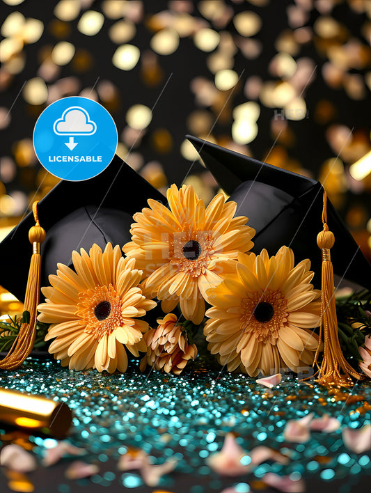 Silver Graduation Banner With Green Glitter And Gold, A Group Of Flowers And Caps On A Glitter Surface