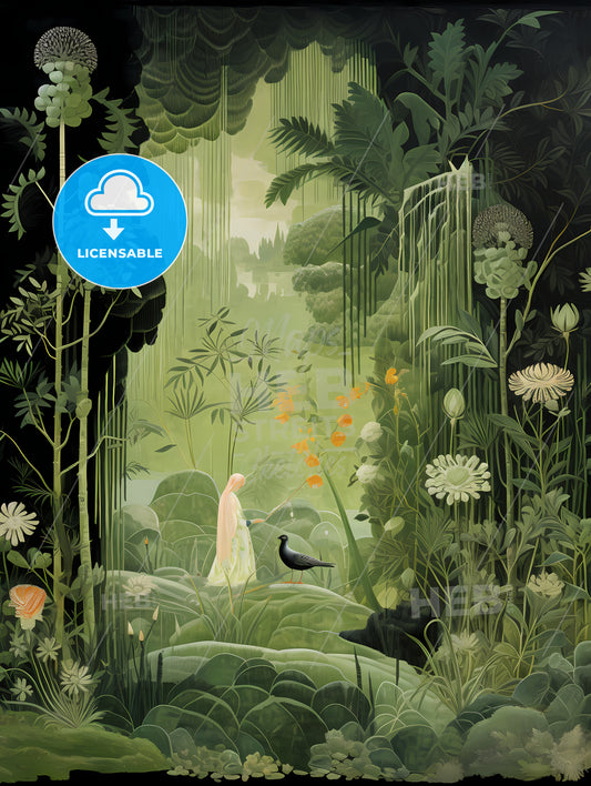 The Large Tapestry And Its Green Colors, A Painting Of A Woman In A Forest