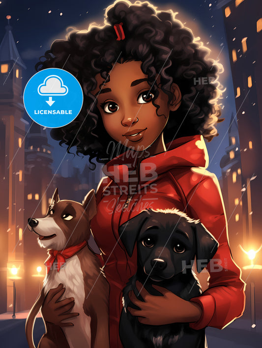 Cute Little Black Girl With Dog, A Cartoon Of A Woman Holding Two Dogs