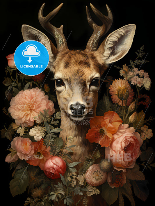 Deer Art Print, A Deer With Antlers Surrounded By Flowers