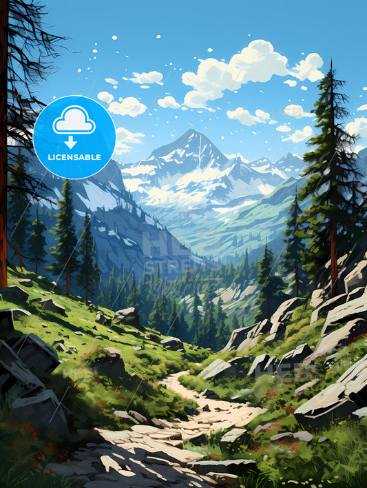 Sequoia National Park, A Mountain Landscape With Trees And Rocks