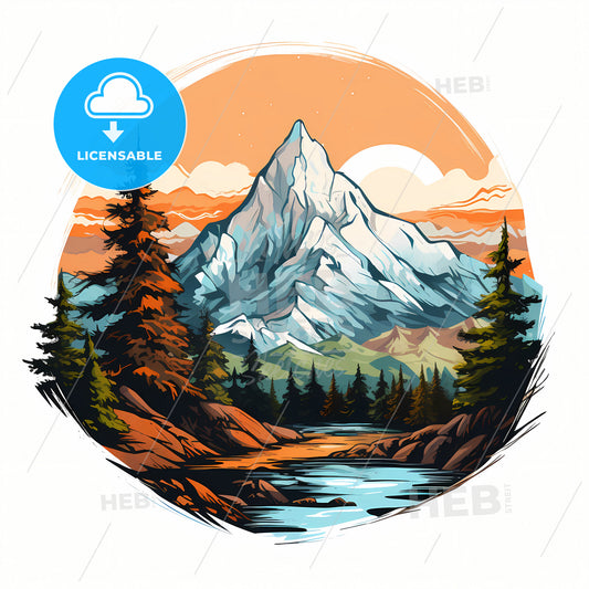 A Mountain View Illustration, A Mountain With Trees And A Lake