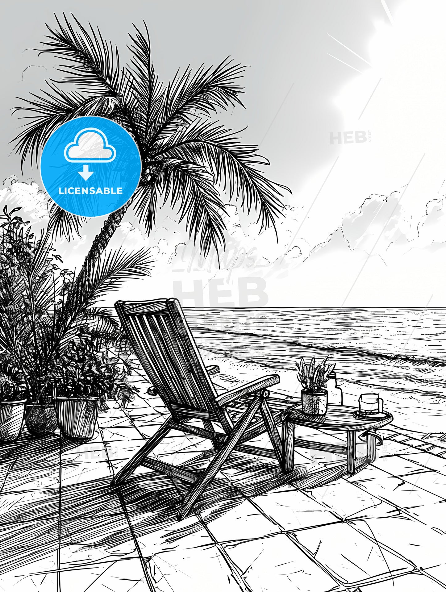 Coloring Page For Kids Summer Vibes, A Chair And Table On A Beach